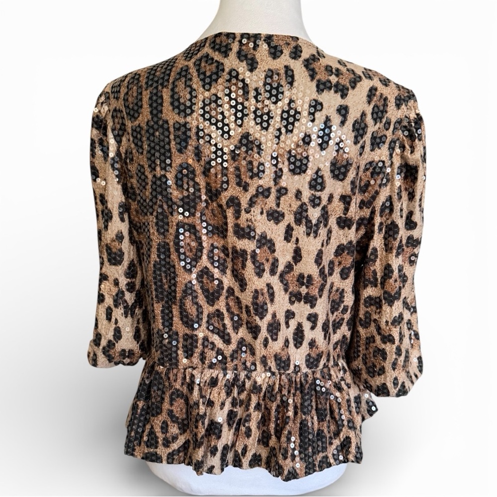 Oliver.O Tie-Front Peplum Blouse Brown large sequined leopard print top. NWT M - Picture 3 of 4